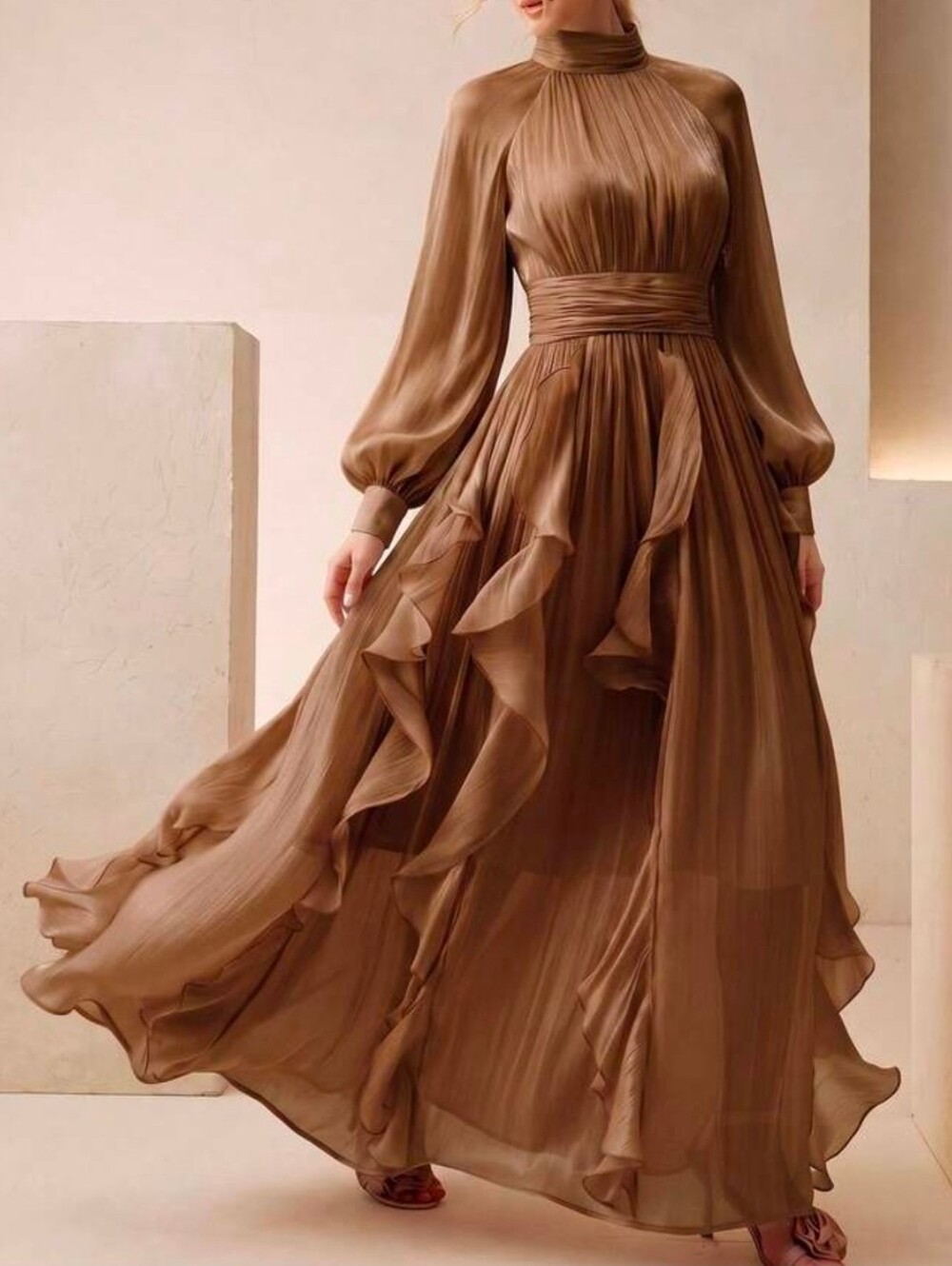 New Luxe Metallic Crinkle Halter Ruffle Maxi Dress Long Sleeve Brown